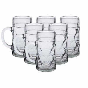 Sechs klare Van Well Maßkrüge aus Glas, 1 Liter, mit Noppenstruktur und stabilem Henkel. Ideal für Bierliebhaber.