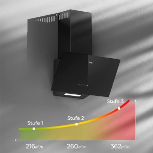 Schwarze CIARRA Kopffreihaube aus Glas mit Touch-Bedienung. Zeigt 3 Leistungsstufen bis 362 m³/h Saugleistung.
