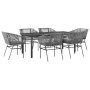 7-teilige Garten-Essgruppe aus grauem Rattan mit Glasplatte und Sitzkissen.