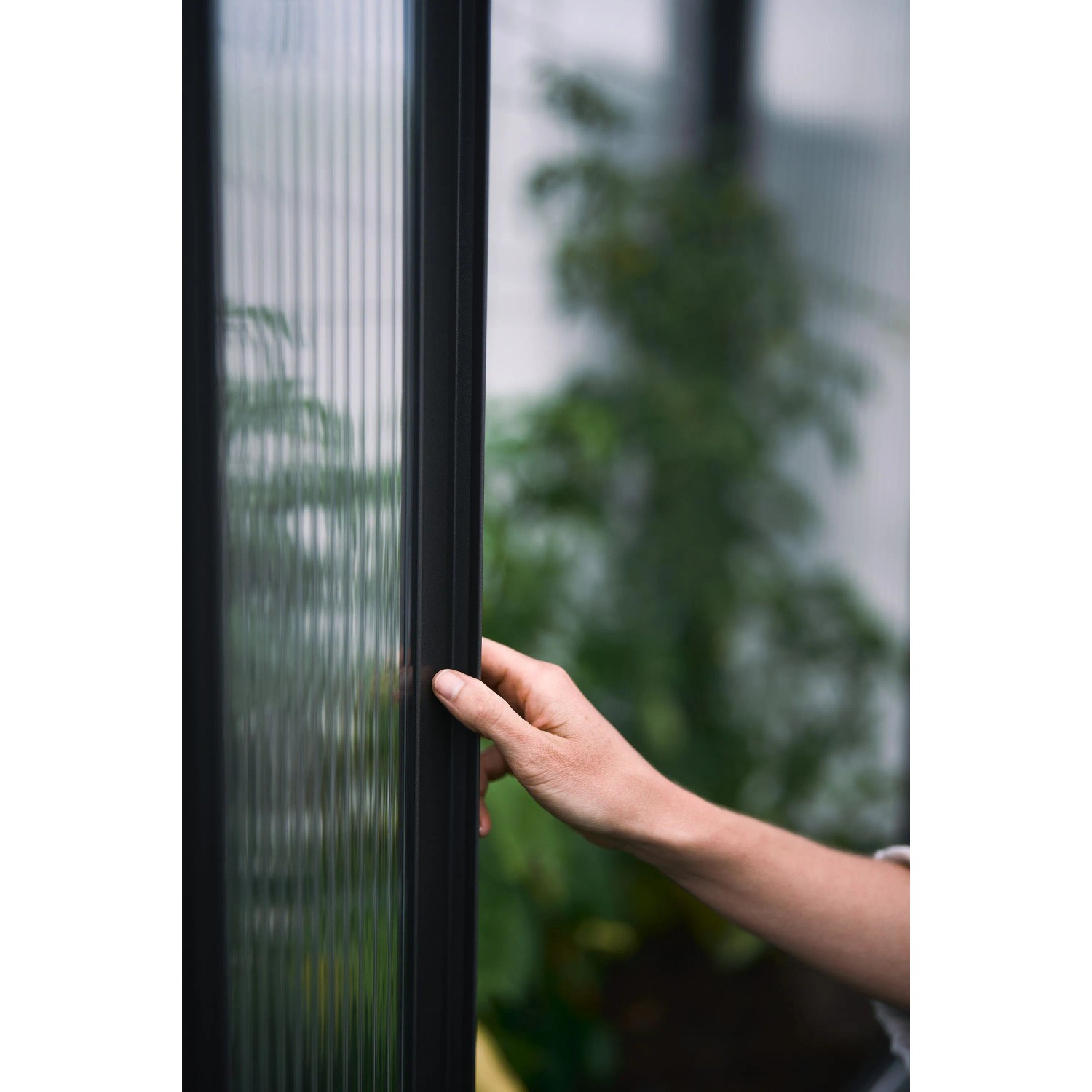 Detailaufnahme: Hand öffnet Biohort Florentina Gewächshaus, dunkelgrau-metallic.