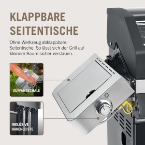 RÖSLE Gasgrill Videro G4 S: Klappbare Seitentische, herausnehmbare Auffangschale, Hakenleiste für Zubehör.
