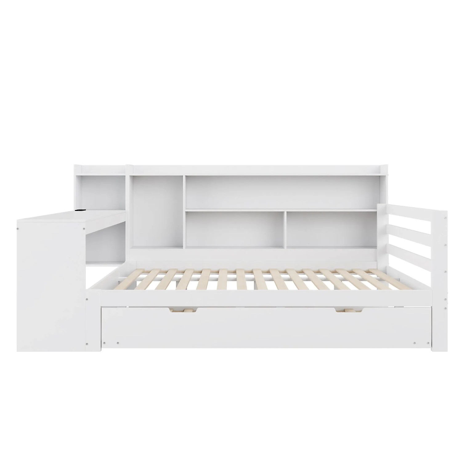 KOMHTOM Schlafsofa 140x200 Cm  Mit Schreibtisch  Bücherregal  Stauraum Und Ablagen  Mit Steckdosen  Doppelbett Aus Holz  Weiß