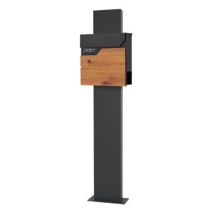 Moderner Standbriefkasten in Anthrazit mit Holzoptik und Zeitungsfach.