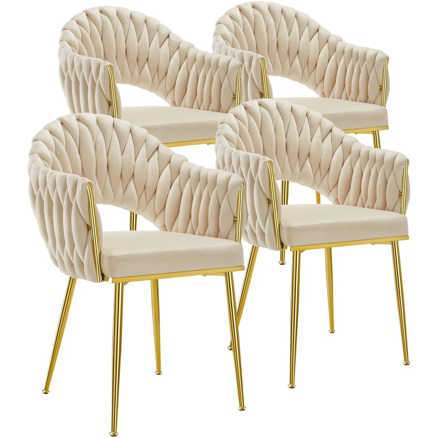 Tectake Esszimmerstuhl Caslano Gepolstert  Mit Samtbezug Durchgehende Lehne Im Flechtdesign 4Er Set 57 x 55 x 84 cm Sandfarben Gold