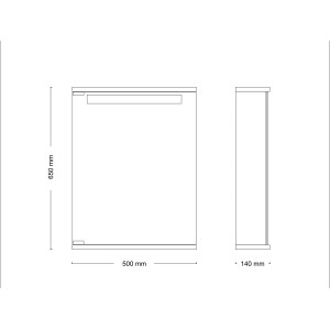 Skizze: Jokey Spiegelschrank Cento, 50x65 cm, alufarben, mit Maßangaben für Bad und WC.