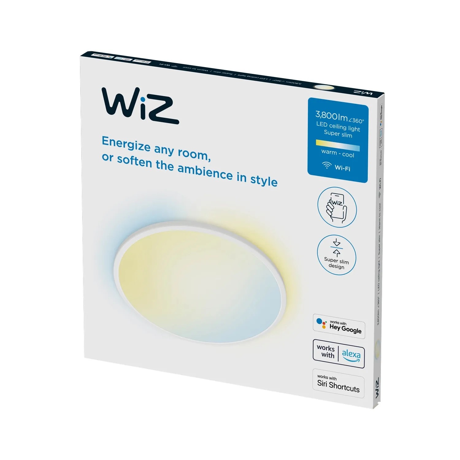 Verpackung der WiZ LED-Deckenleuchte SuperSlim, 3800 lm, tunable white, Ø 55 cm.