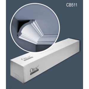 ORAC DECOR CB511N Zierleisten im Karton, 2 weiße Stuckleisten (4 m) und Detailansicht der Eckanbringung.