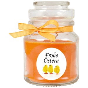 HS Candle Duftkerze Frohe Ostern im Glas mit Küken-Motiv und Honigmelonen-Duft, Ø7 cm.