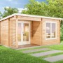 Unbehandeltes Alpholz Gartenhaus Orkus-44 mit Pultdach und Anbaudach im Garten.