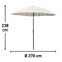 Weißer Marktschirm Limon, Ø 270 cm, mit Kurbel und Maßangaben. Ideal als Sonnenschutz im Garten.
