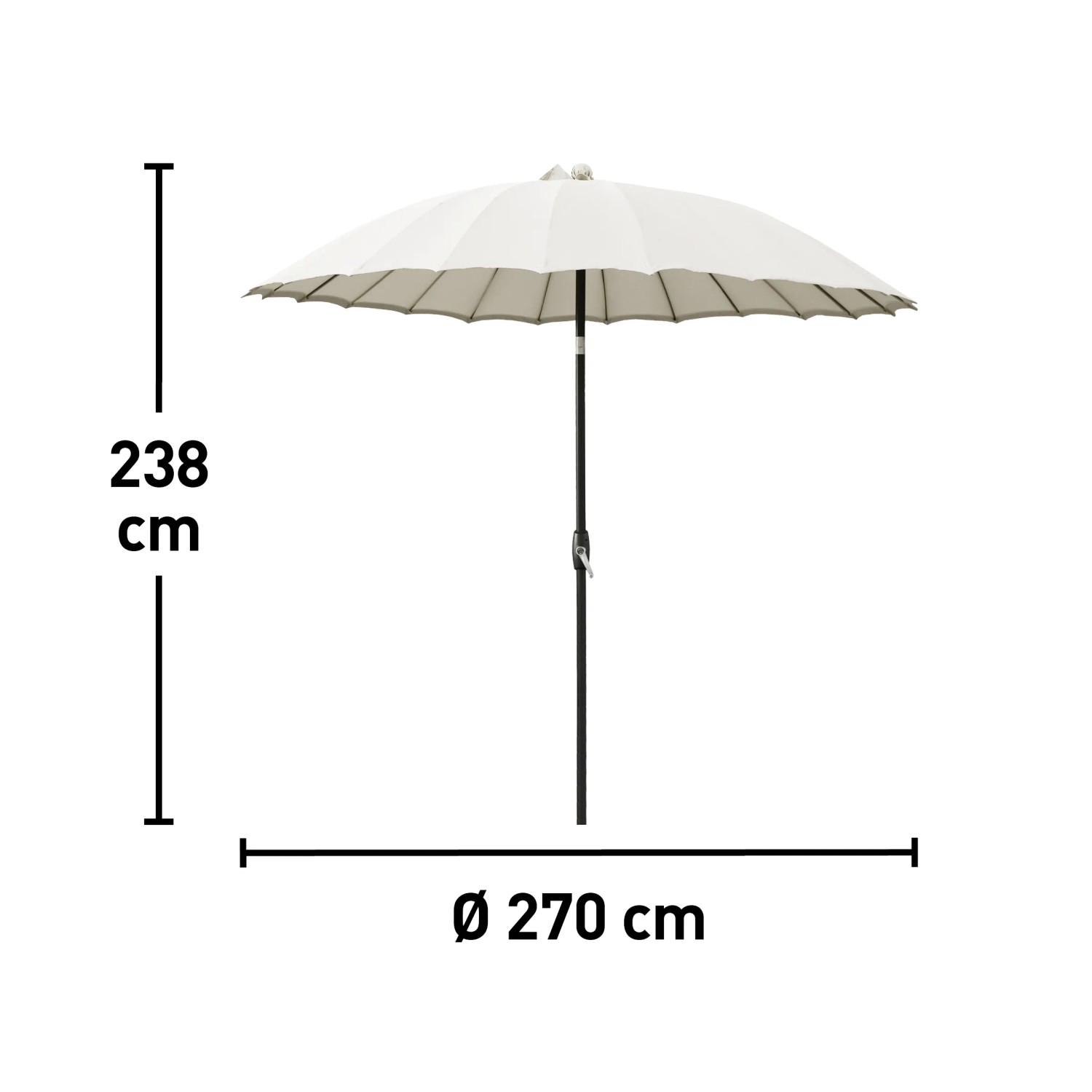 Weißer Marktschirm Limon, Ø 270 cm, mit Kurbel und Maßangaben. Ideal als Sonnenschutz im Garten.