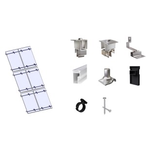 SolMount Montageset für 6 Solarmodule auf Schrägdach, bestehend aus Aluminium- und Edelstahlkomponenten.