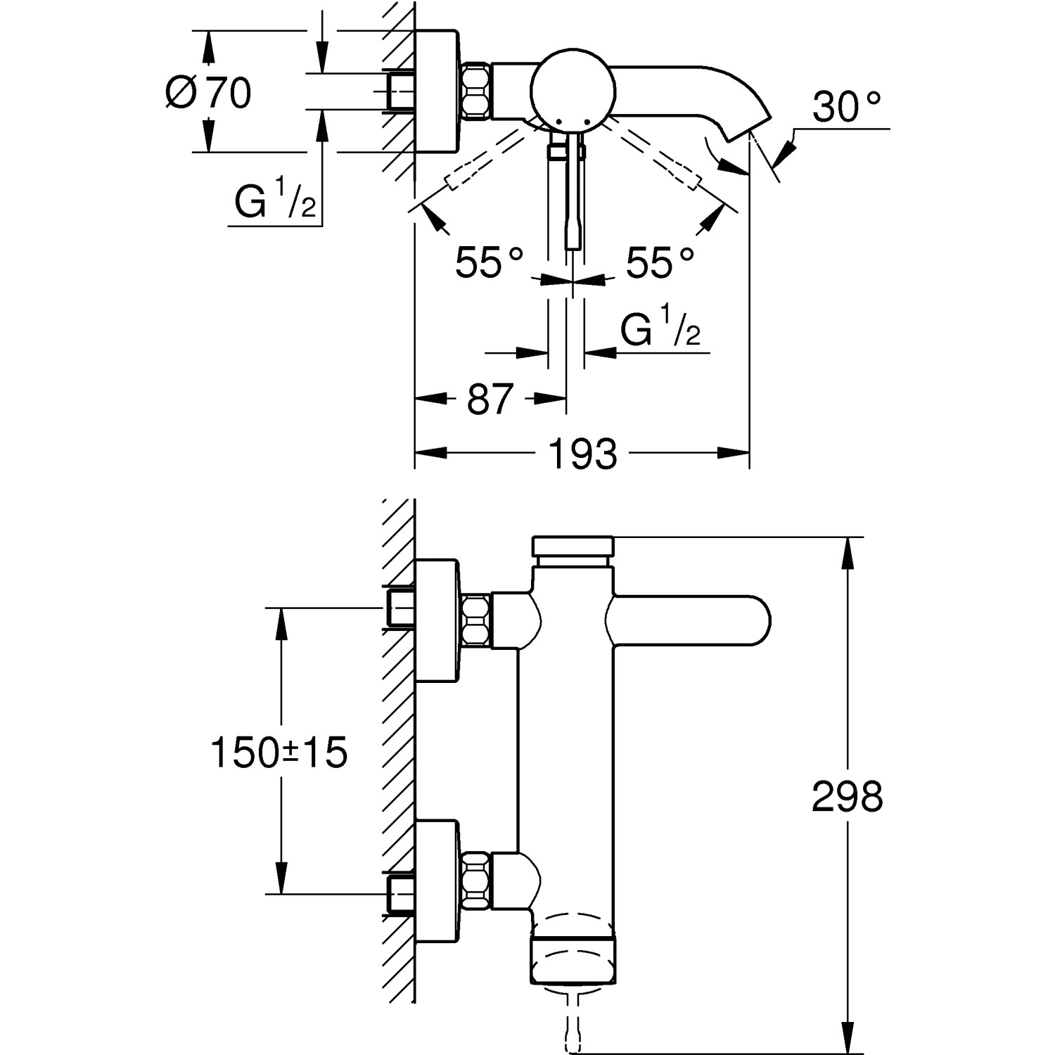 Technische Zeichnung: Grohe Essence Einhand-Wannenbatterie Supersteel mit Maßangaben.