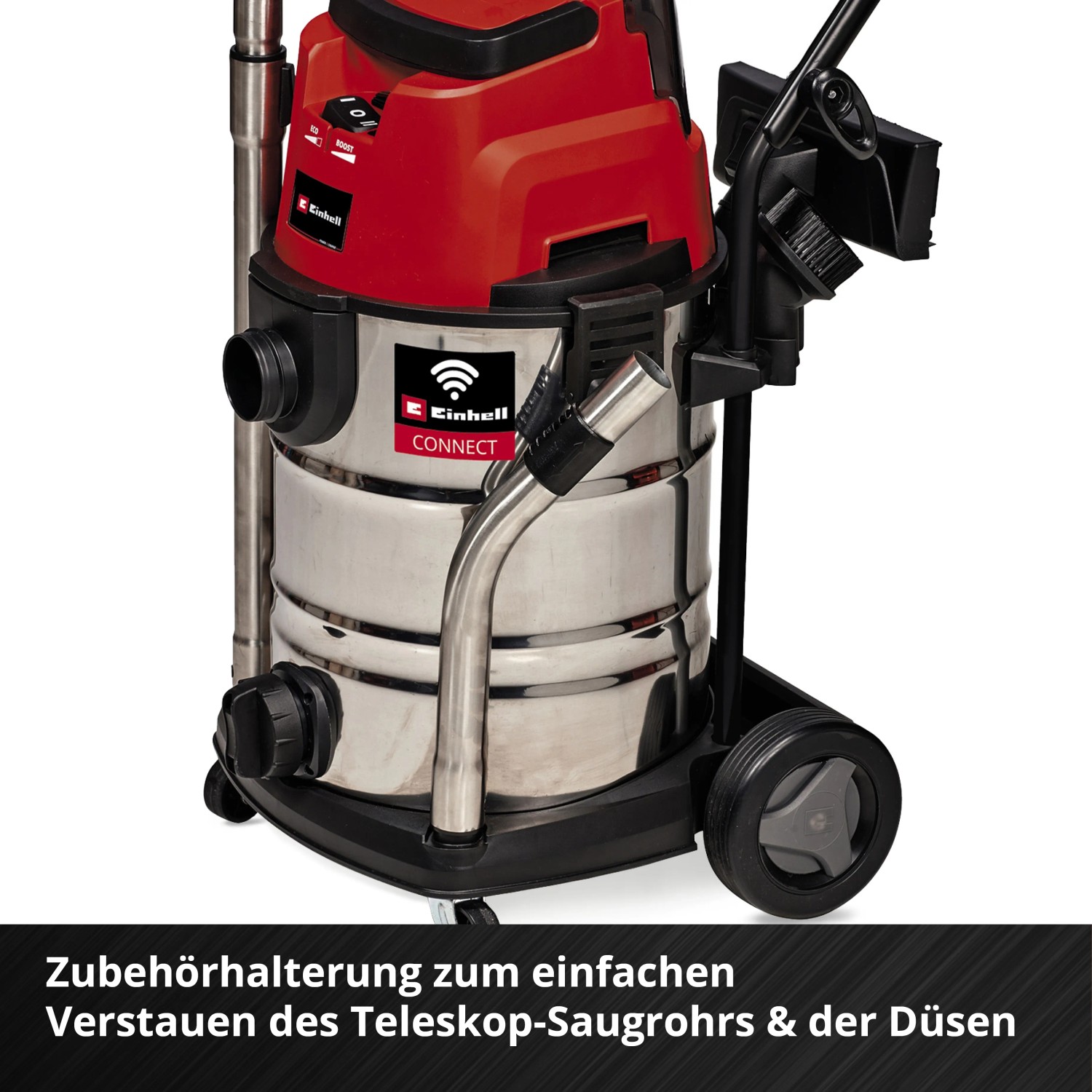 Einhell Akku-Nass-Trockensauger TP-VC 36/30 S Auto-Solo mit Edelstahlbehälter und Zubehörhalterung.