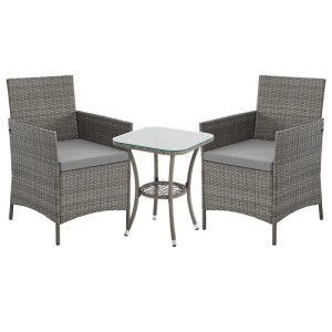 Graues 3-tlg. Svita Brooklyn Bistro Gartenmöbelset aus Polyrattan mit 2 Stühlen, Kissen und Glastisch.