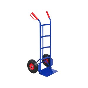 Blaue PROREGAL Sackkarre ODIN mit Lufträdern, klappbarer Schaufel und rotem Griff. Tragkraft 200kg.