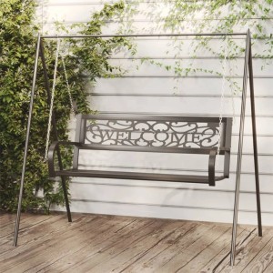 Schwarze vidaXL Hollywoodschaukel aus Stahl mit Welcome-Rückenlehne für Garten oder Terrasse.