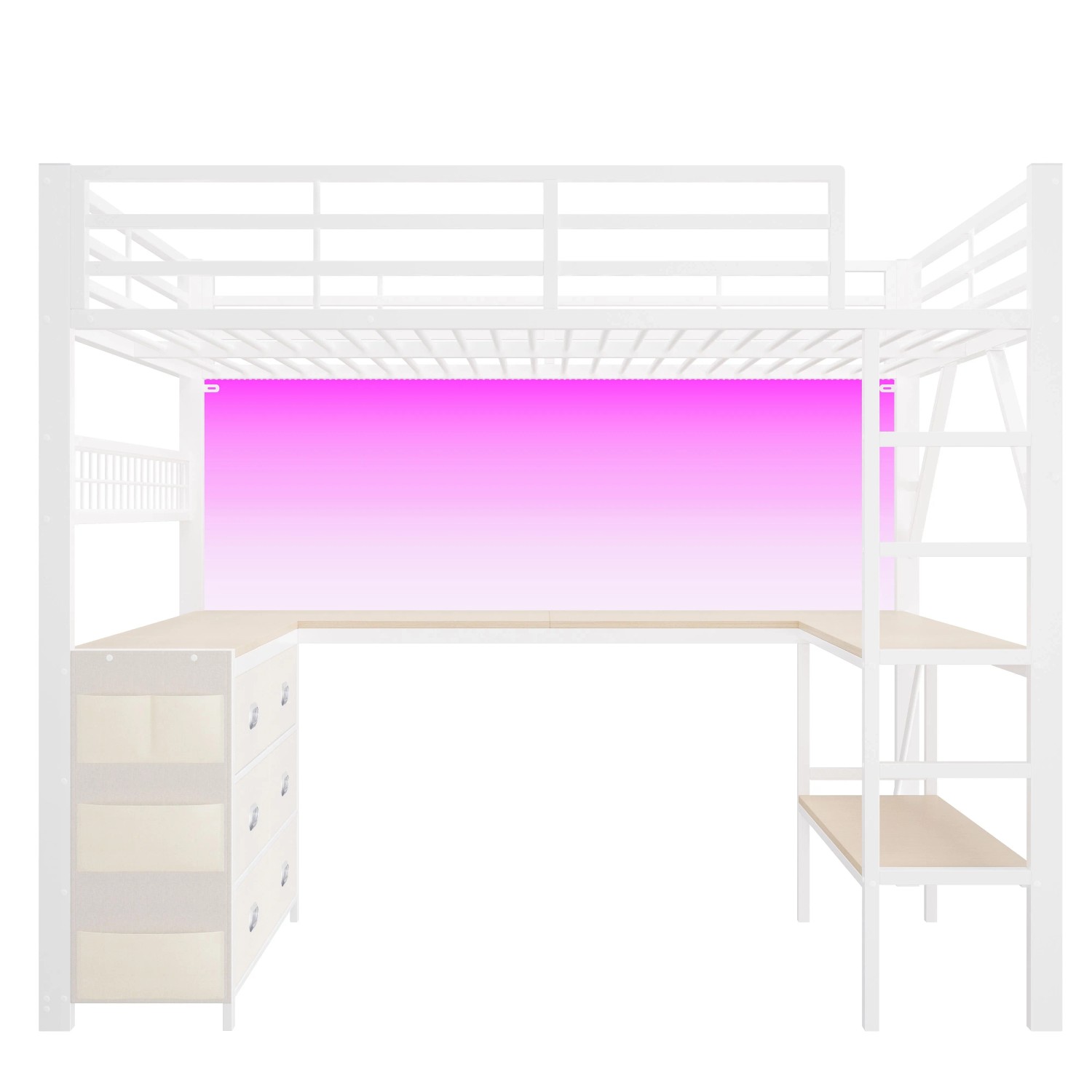 Merax Gaming Metall Hochbett 140x200 cm Mit Schubladen Schreibtisch Ablage LED Weiß