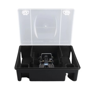 Protect Home Rattenköderbox mit Schlagfalle, schwarze Box mit transparenter Abdeckung.