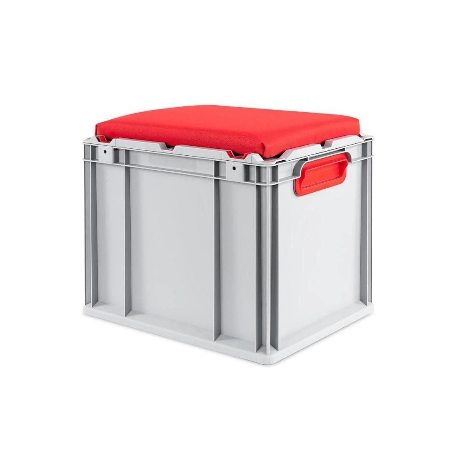 Eurobox Sitzbox Sparset, grau mit rotem Sitzkissen, 30 Liter. Aufbewahrungsbox und Transportbox.