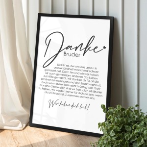 Gerahmtes Poster "Danke Bruder" (20x30 cm) mit schwarzem Rahmen als Geschenkidee.