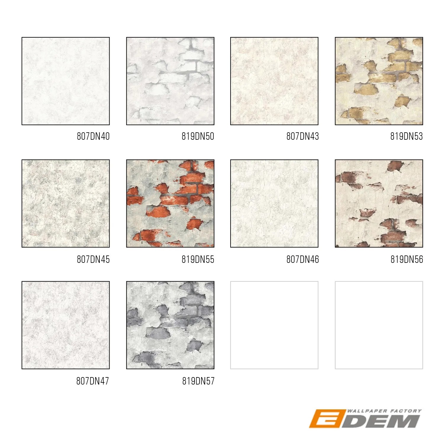 Muster verschiedener EDEM Vliestapeten, darunter Steinoptik in Beige, Grau und Braun.