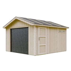 Timbela Garage Premium M990B aus Holz mit Rolltor und Tür, Natur