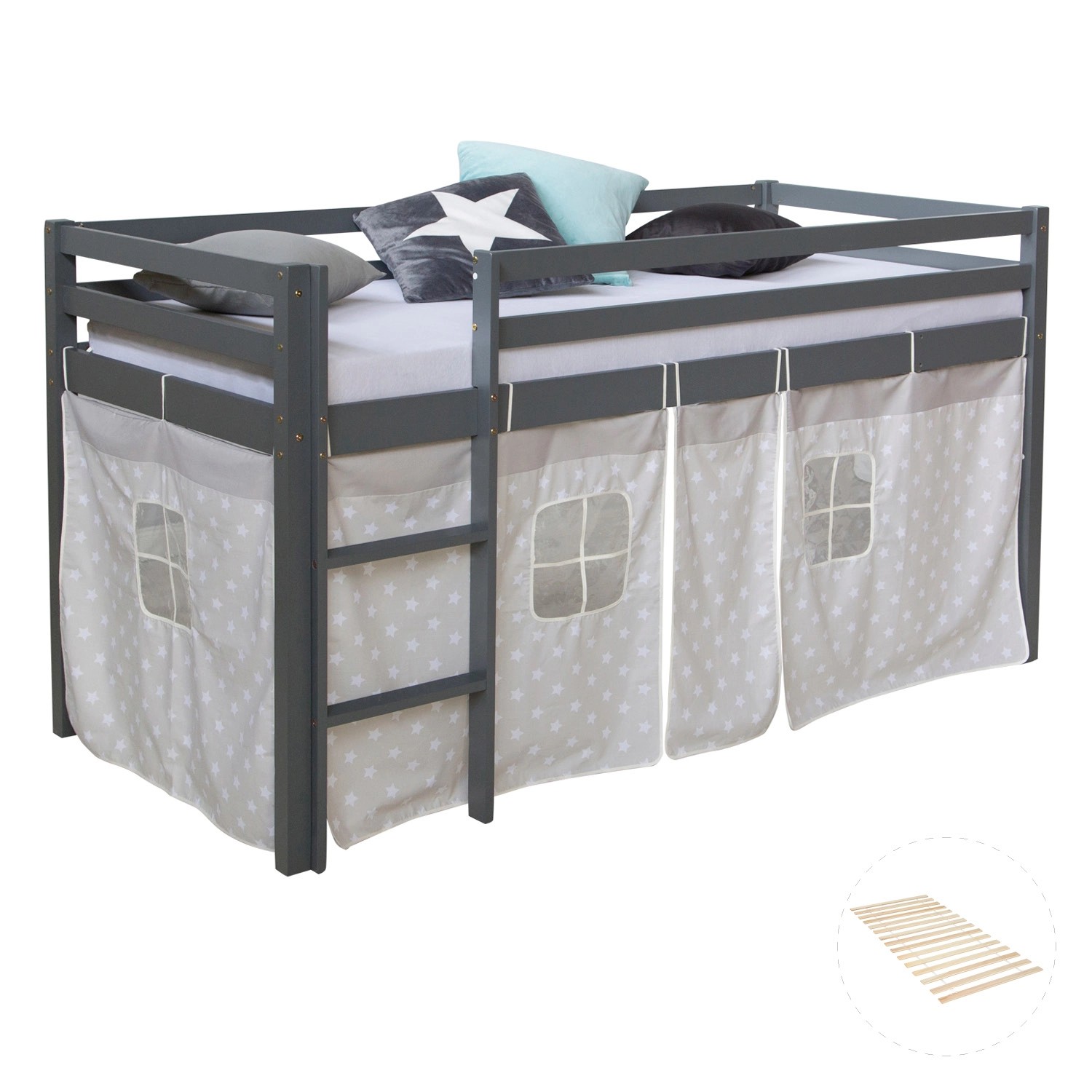 Homestyle4u Hochbett 90x200 mit Vorhang und Lattenrost Grau Sterne 2777 günstig online kaufen