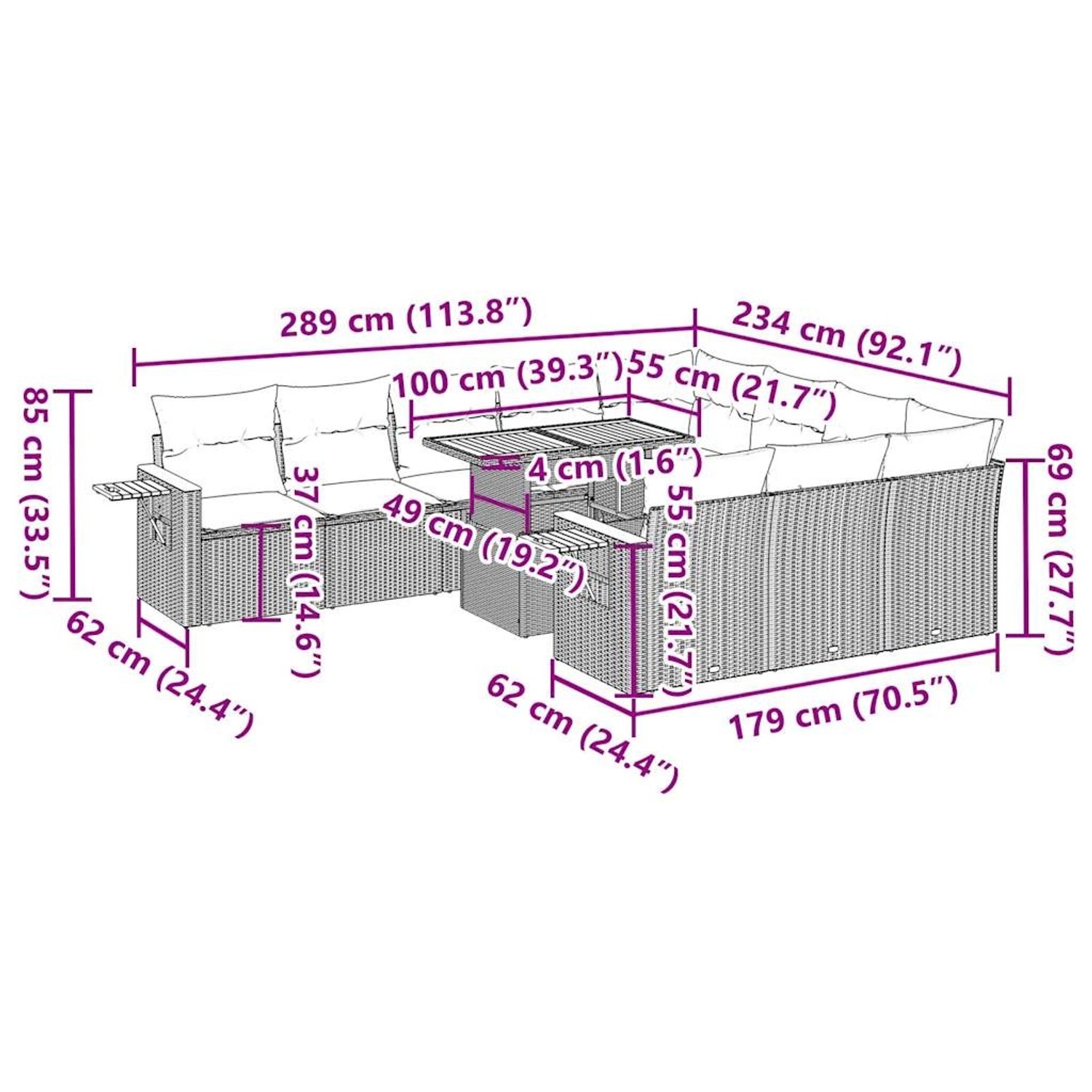 vidaXL Garten-Sofagarnitur, 11-teilig, beige Poly Rattan mit Akazientisch, Maße eingezeichnet.