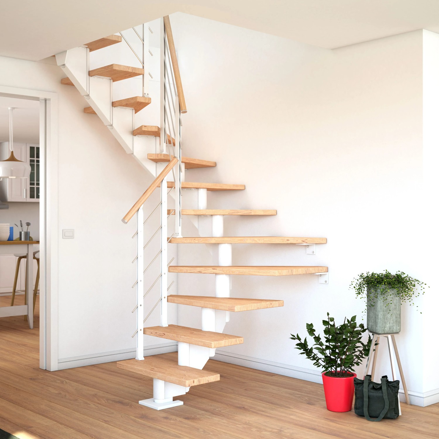 Dolle Mittelholmtreppe Hamburg, Eiche weiß, 1/2 gewendelt, mit weißem Geländer.