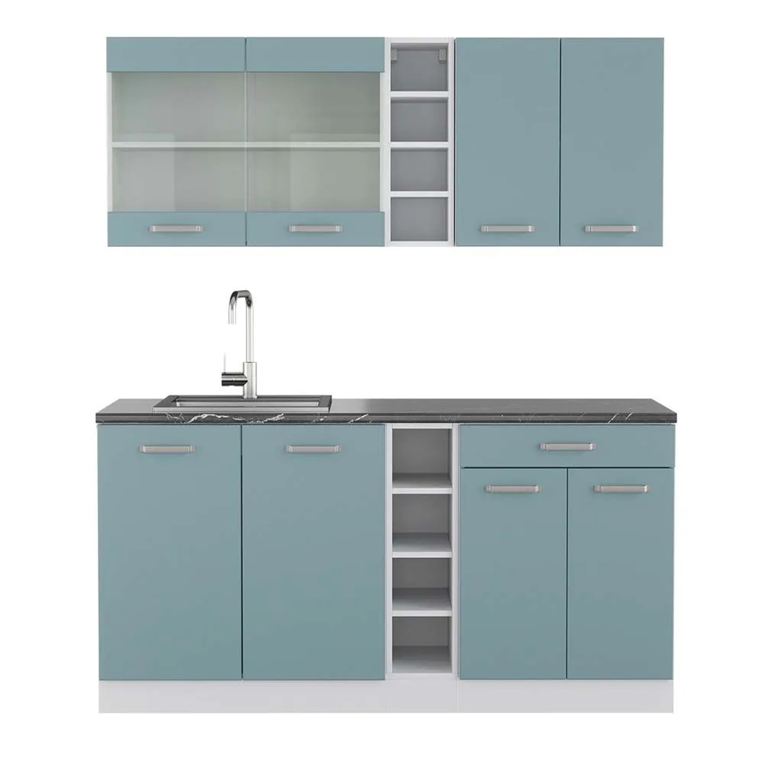 Vicco R-Line Singleküche Blau-Grau Weiß 160 cm AP Anthrazit ohne E-Geräte