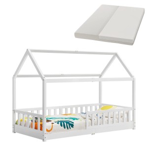 Weißes Juskys Kinderbett Marli 90x200 cm mit Matratze und Lattenrost in Hausform.