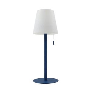 Lindby LED Azalea Außenleuchte, blaues Aluminiumgestell, weißer Schirm, spritzwassergeschützt, höhenverstellbar, akkubetrieben.