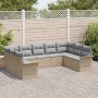 Beiges 9-teiliges Garten-Sofa-Set aus Poly Rattan mit grauen Kissen.