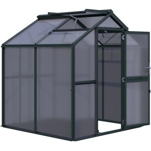 KGT Gewächshaus Galant II, tannengrün, mit geöffneter Tür und Dachfenster.