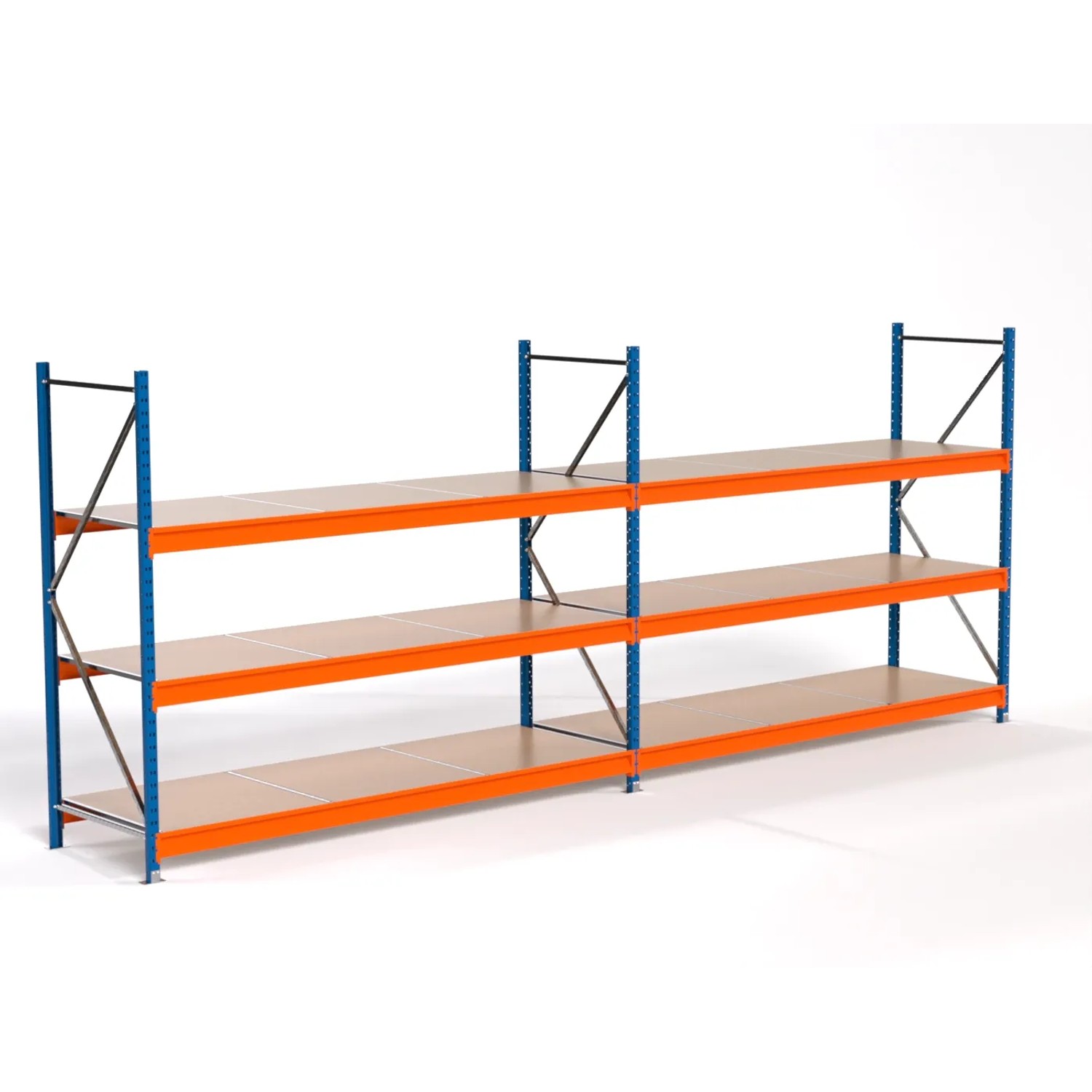 PROREGAL Industrie Weitspannregal Lagerregal MAXIMUS PRO Komplettregal 2 Felder HxBxT 200x500x80cm 3 Spanplatten-Fachboden Fachlast 530kg Blau/Orange
