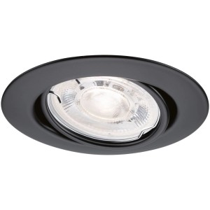 Schwarzer Paulmann LED Einbaustrahler, dimmbar, schwenkbar. Warmweißes Licht, flacher GU10 Reflektor.