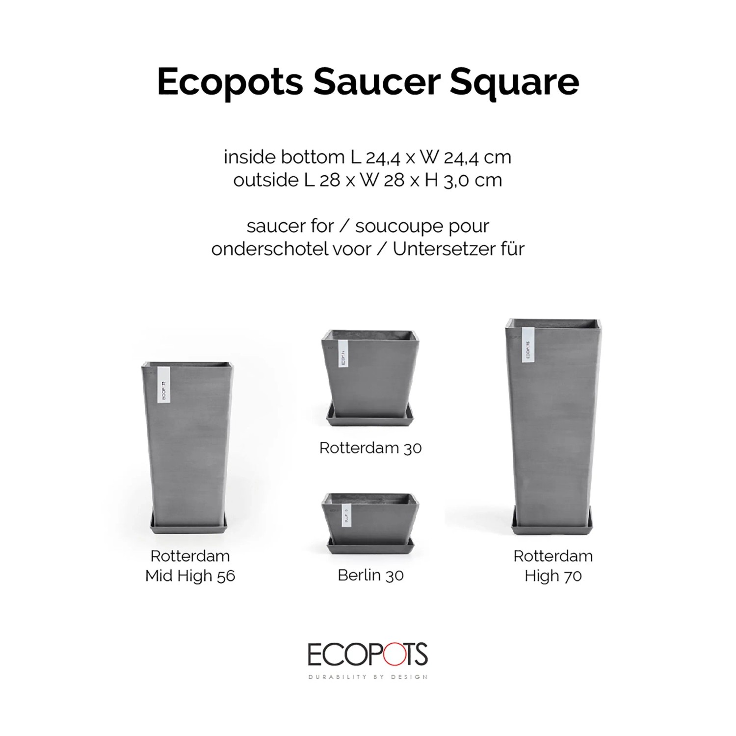 Ecopots Untersetzer Rotterdam Grau 28x28cm, passend für verschiedene Pflanzgefäße.