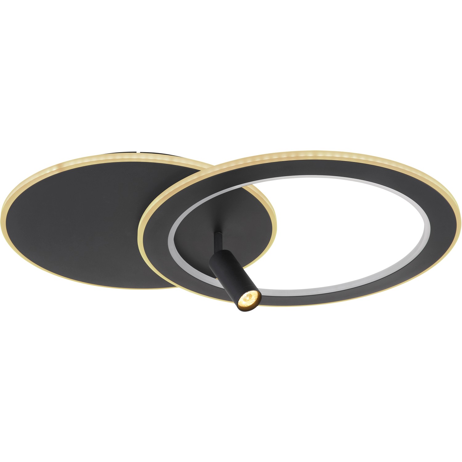 Moderne, schwarze LED-Deckenleuchte Marian mit zwei Ringen und Spot.