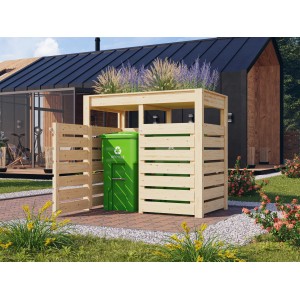 Karibu Mülltonnenbox 2 mit Hochbeet, naturbelassen, mit grüner Mülltonne vor modernem Haus.