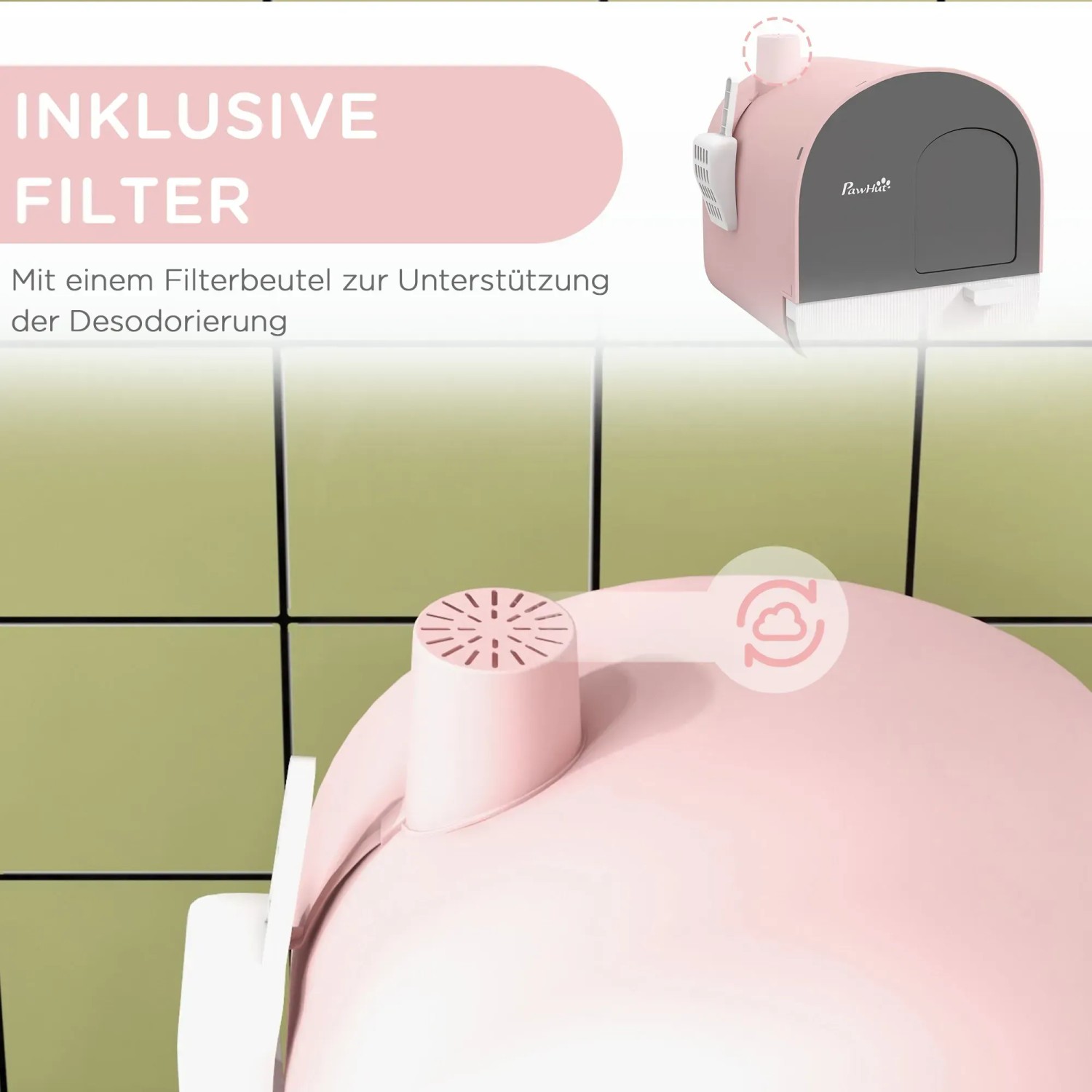 Rosa PawHut Katzentoilette mit Deckel und Filter für angenehme Privatsphäre.