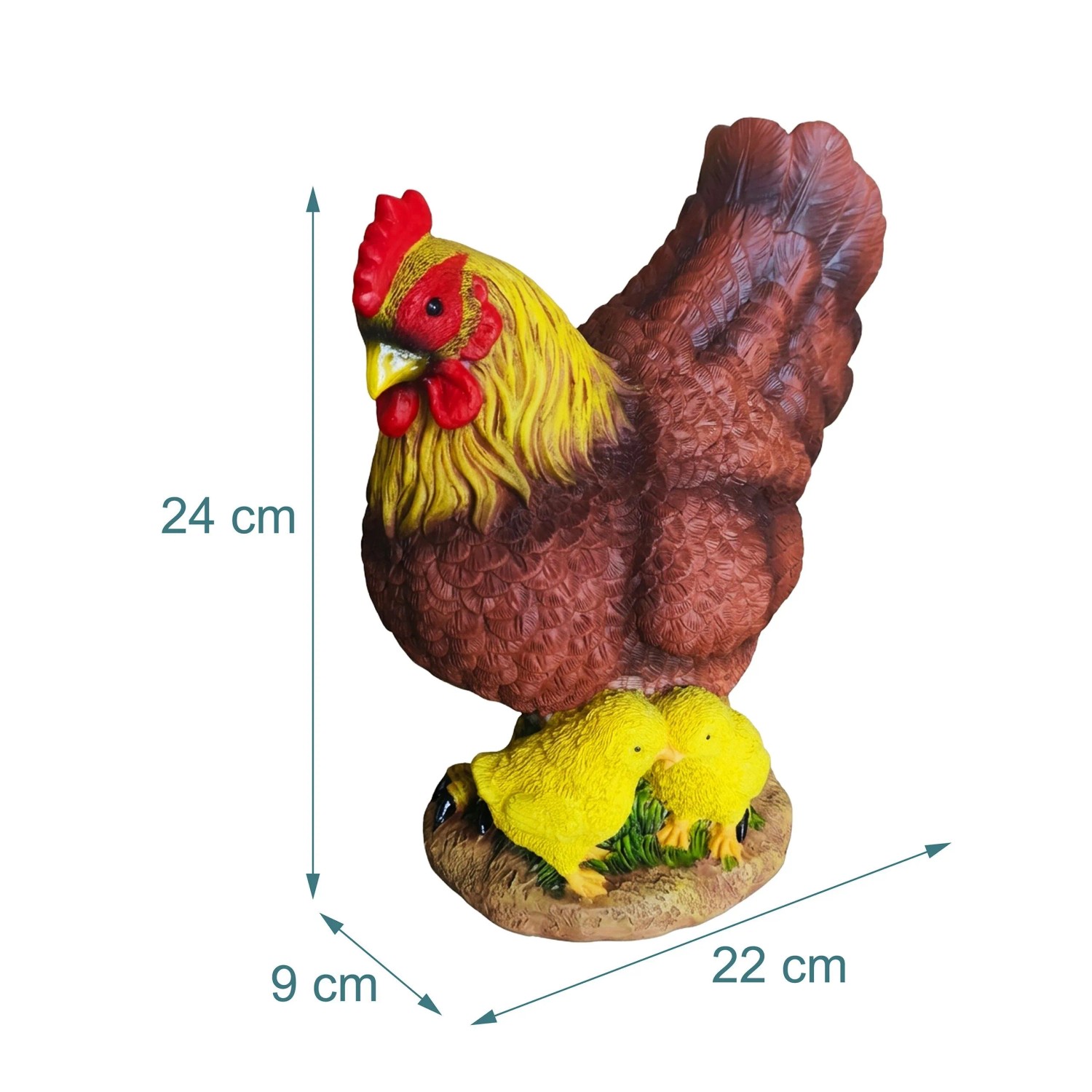 Bunte Gartenfigur Huhn aus Polyresin mit zwei Küken, wetterfest, 24 cm hoch. Ideal für Garten & Terrasse.