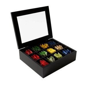 Relaxdays Teebox Bambus Schwarz mit 12 Fächern Sichtfenster 8 cm x 28 cm x 23 cm