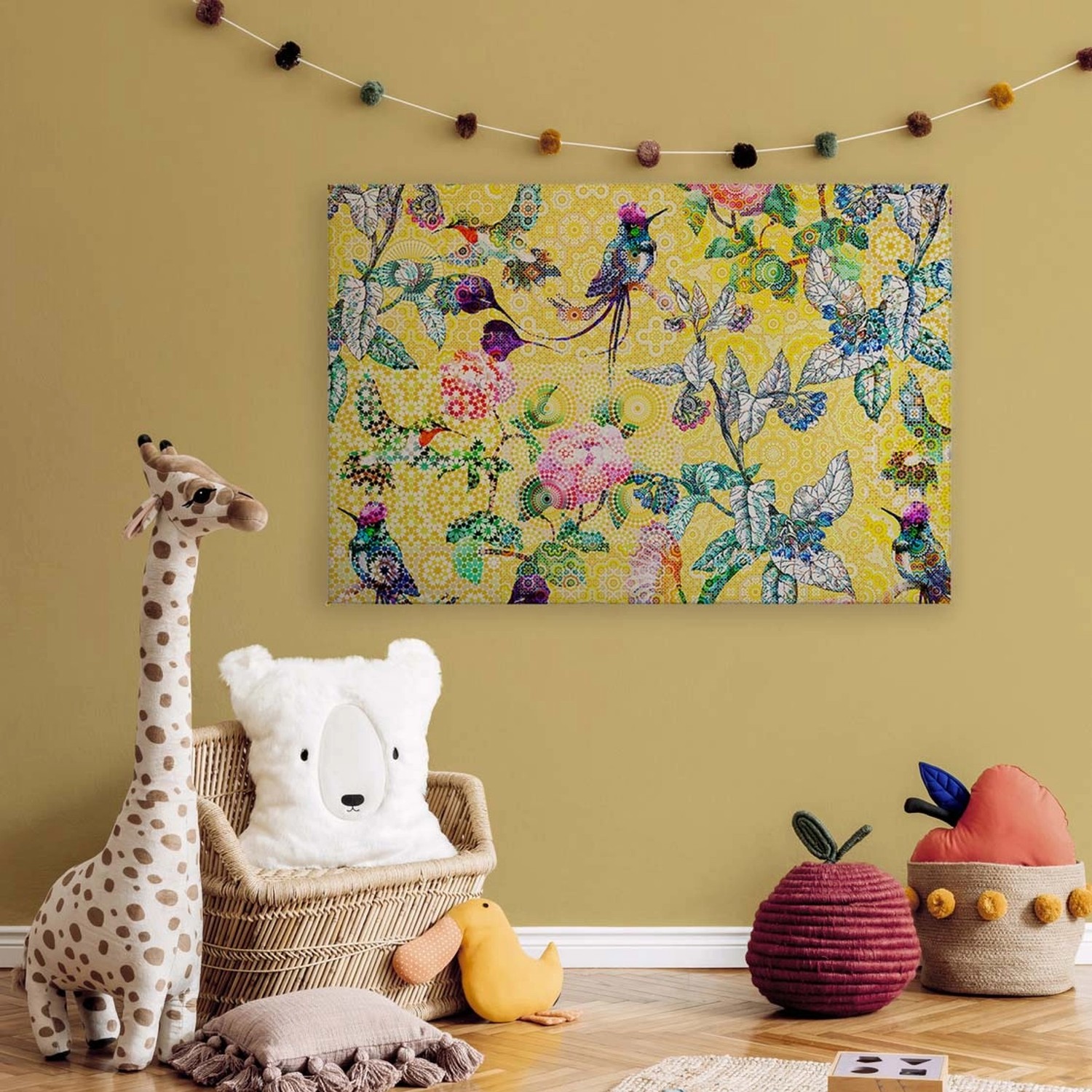 Bricoflor Leinwandbild Exotisch Gelbes Wandbild Mit Vögeln Und Blumen Mosaik Bild Bunt Ideal Für Schlafzimmer In 120 X 8