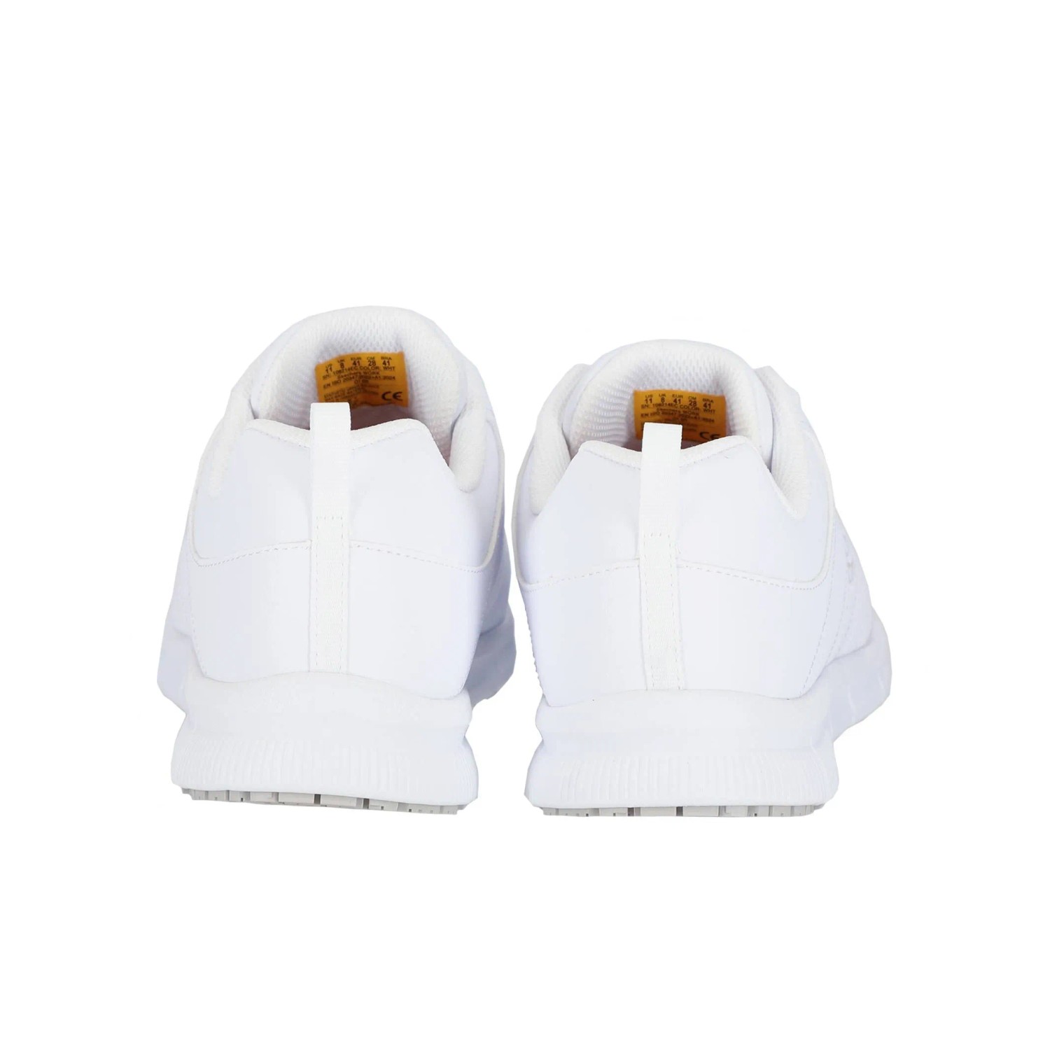 Weiße Skechers Beja Nampa Damen Arbeitsschuhe O1, Rückansicht, mit rutschfester Sohle.