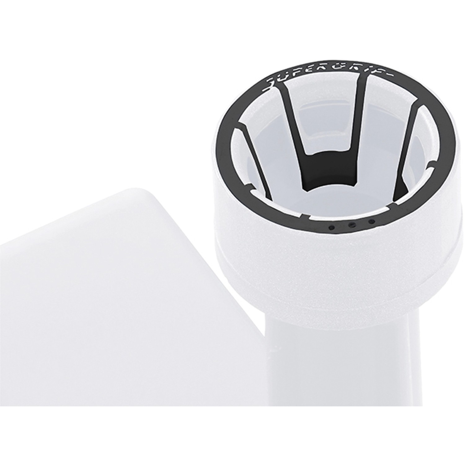 Detailaufnahme: Weißer Siena Garden Schirmständer aus Kunststoff mit Supergrip-Überwurfmutter.