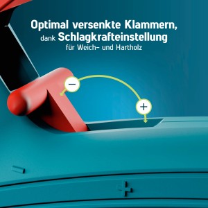 Detailaufnahme des Novus J-50 Handtackers: Schlagkrafteinstellung für optimale Klammerversenkung.