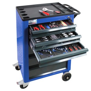 Blauer PROREGAL Werkstattwagen Cheetah mit 115-teiligem Werkzeugset und 6 Schubladen.