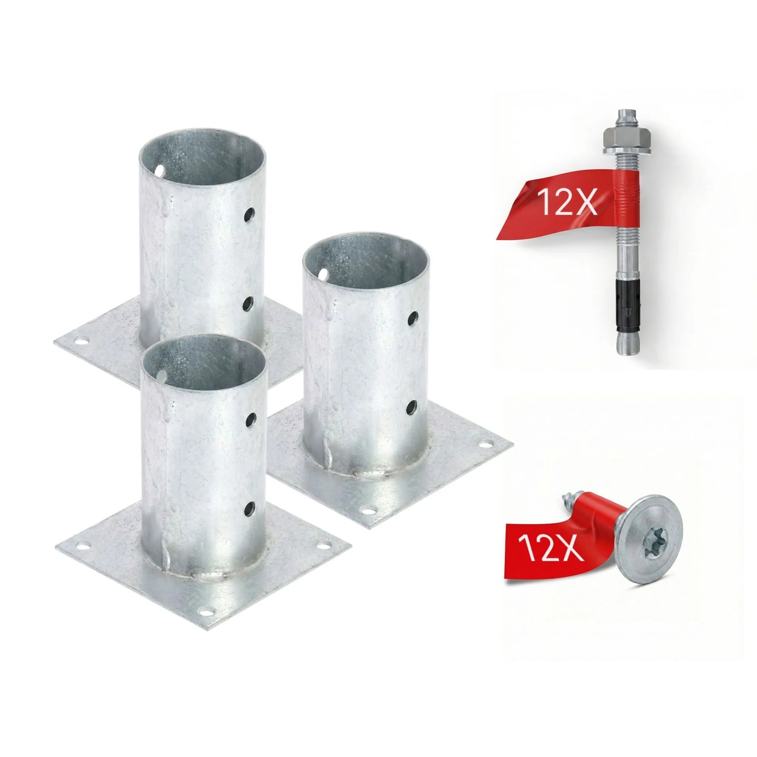 HOLLMAX 3 Stk. Aufschraubhülse/Pfostenträger 80 mm Komplettset Verzinkt Silber für Rundholzpfosten