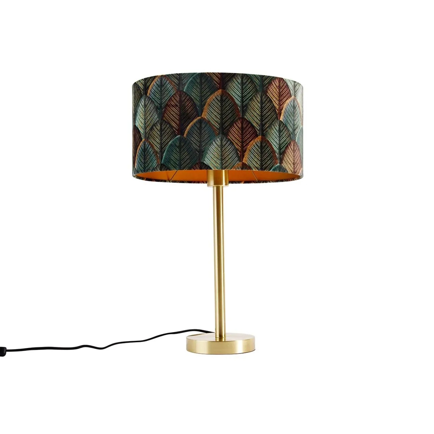 QAZQA Tischleuchte Messing mit Ovalem Samtschirm Blattdesign 35cm Simplo
